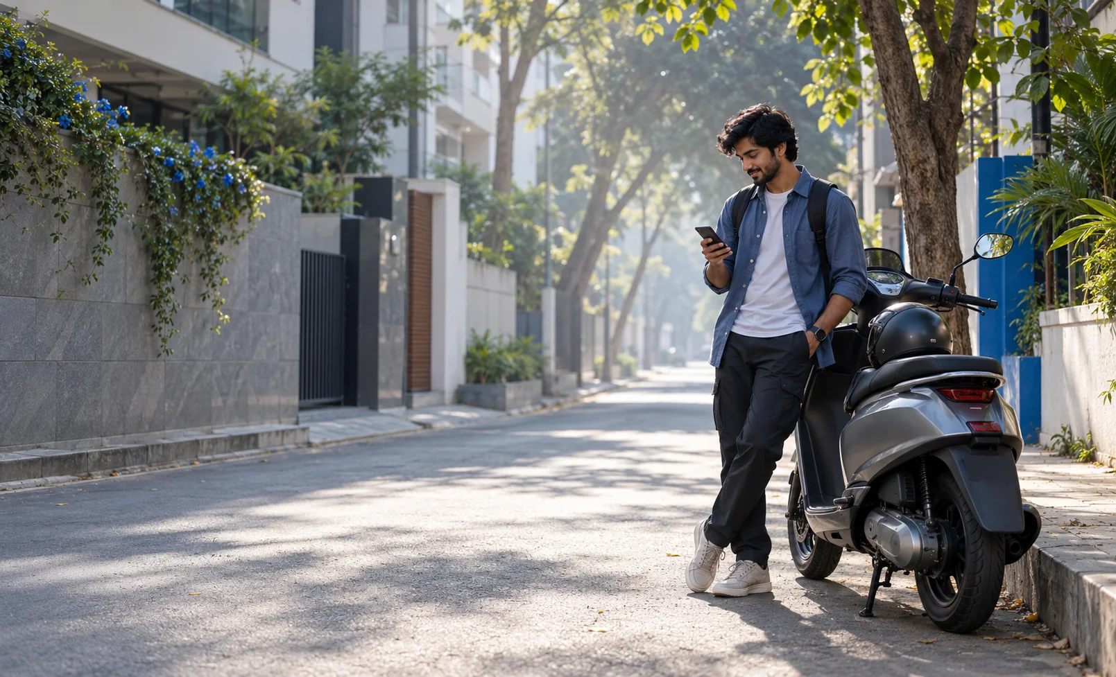 Rider checking a phone beside a parked scooter on a city street